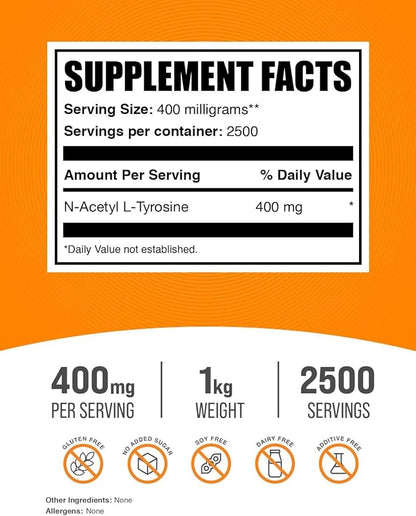BulkSupplements.com N-Acetyl L-Tyrosine Powder -Tyrosine Supplement, NALT Powder - Amino Acid Supplement, Unflavored & Gluten Free, 400mg per Serving, 1kg (2.2 lbs) (Pack of 1)