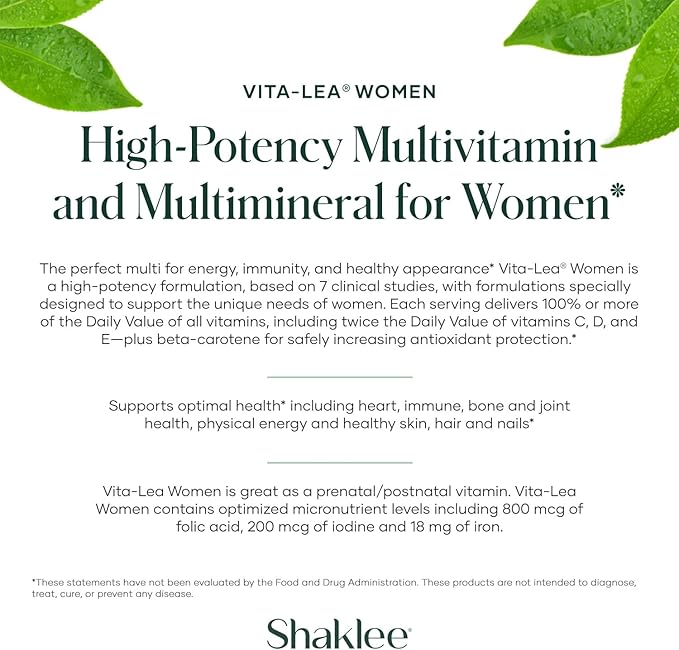 Shaklee - Vita-Lea® Women High-Potency Multivitamin & Multimineral for Women - Prenatal/Postnatal Support with 800 mcg Folic Acid, 200 mcg Iodine, 18 mg Iron - 240 Tablets