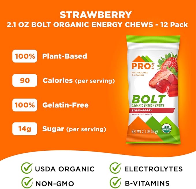 PROBAR - Bolt Organic Energy Chews, Strawberry, Non-GMO, Gluten-Free, USDA Certified Organic, Healthy, Natural Energy, Fast Fuel Gummies with Vitamins B & C (12 Count)