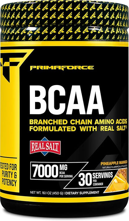 Primaforce BCAA Powder (Pineapple Mango) (30 Servings) - 7000MG 2:1:1 BCAAs, Post-Workout Recovery Drink with Amino Acids and Real Salt for Men & Women