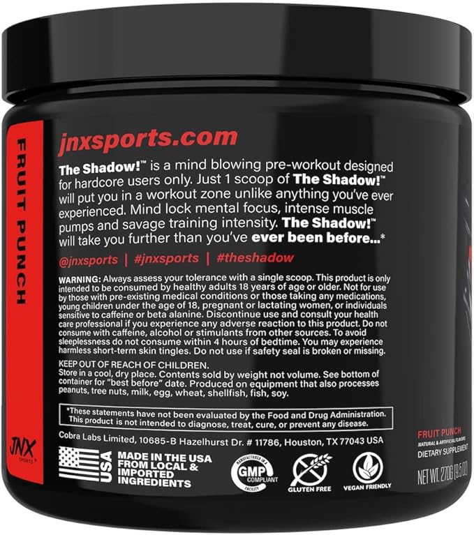 JNX SPORTS The Shadow! 350mg of Caffeine Hard Core Preworkout - Fruit Punch 30 Servings | Electric Energy, Mental Focus & Superhuman Strength for Men & Women