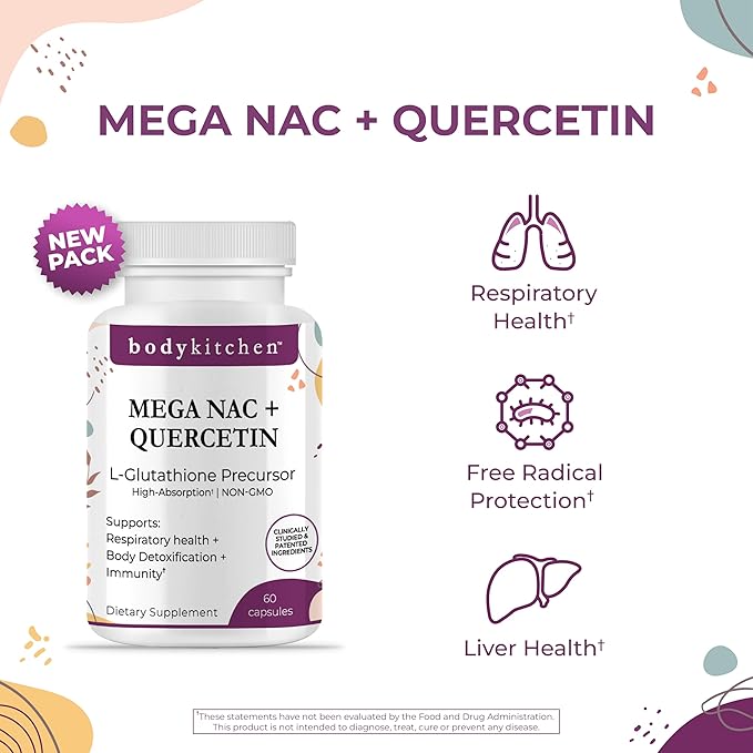 Body Kitchen Mega NAC (N-Acetyl Cysteine) 600 mg with Quercetin, Supports Respiratory Health and Immune Function and Promotes Liver and Kidney Detox, Veggie Caps, (Pack of 2)