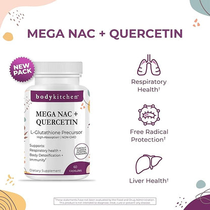 Body Kitchen Mega NAC (N-Acetyl Cysteine) 600 mg with Quercetin, Supports Respiratory Health and Immune Function and Promotes Liver and Kidney Detox, Veggie Caps, (Pack of 2)