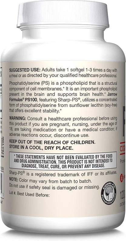 Jarrow Formulas PS100 Phosphatidylserine 100 mg, Dietary Supplement for Brain Health and Cognition Support, 120 Softgels, 40-120 Day Supply, Pack of 12