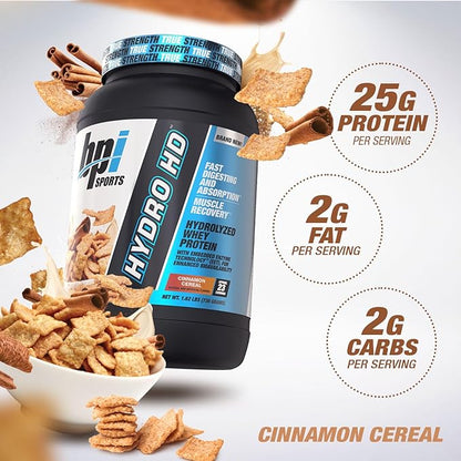 BPI Sports Hydro HD - 100% Hydrolyzed Whey Protein Powder - Muscle Growth, Recovery, 25g of Protein, Low Carb, Low Sugar, Fast Absorbing (23 Servings, Cinnamon Cereal)