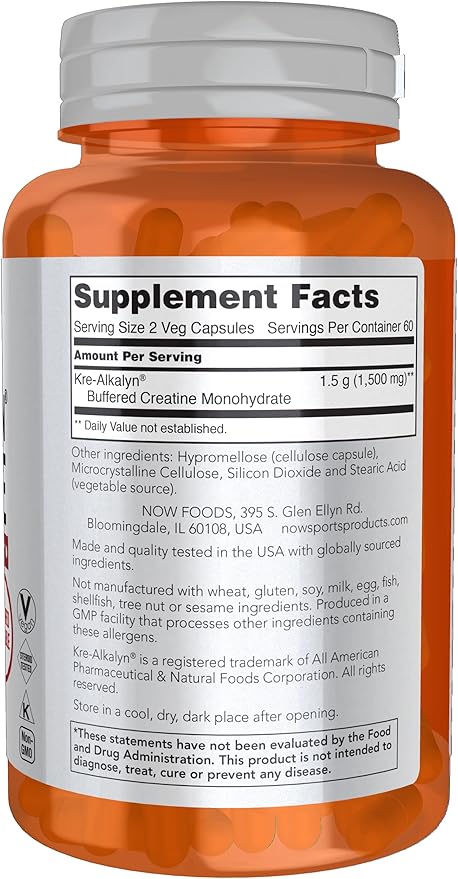 NOW Foods Sports Nutrition, Kre-Alkalyn Creatine 750 mg, Mass Building*/Energy Production*, 120 Veg Capsules