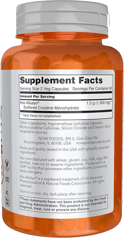 NOW Foods Sports Nutrition, Kre-Alkalyn Creatine 750 mg, Mass Building*/Energy Production*, 120 Veg Capsules