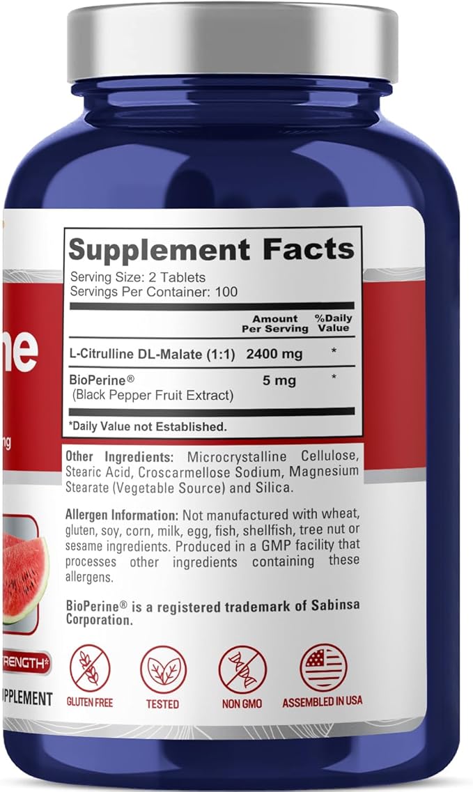 NusaPure L-Citrulline 2,400mg 200 Vegetarian Tablets (Non-GMO, Gluten Free, 100-Day Supply, Bioperine)