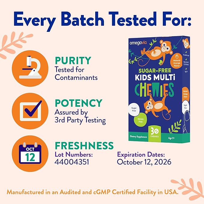 OmegaVia Sugar Free Kids Multivitamin Chewies - Daily Chewable Gummy Vitamins for Kids 3+, Vitamin A, C, D3, E, B6 & B12, Folate & More, Natural Orange Flavor, 30 Count