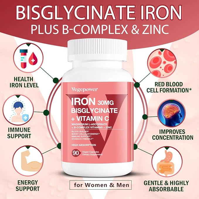 Iron Supplements for Women Men, Vegan Iron Bisglycinate 30mg Plus Vitamin C, B12, Folic Acid - Iron Pills for Anemia, Blood Builder & Energy Support - Gentle, High Absorption, Non-GMO - 90 Capsules