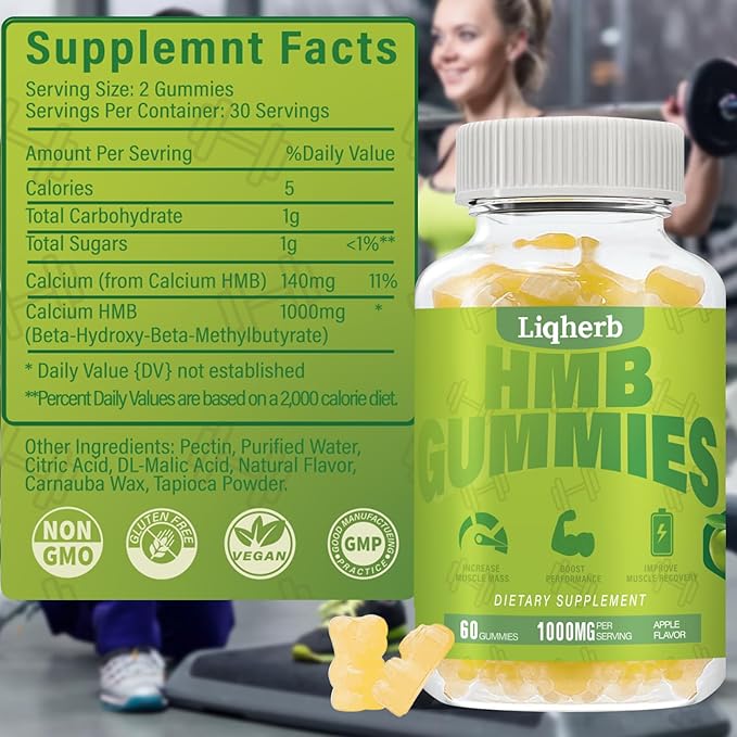 HMB Gummies 1000 mg for Adults, HMB Supplement for Muscle Protein Synthesis, Improving Endurance and Maintaining Lean Muscle, Non-GMO, Vegan, Gluten-Free, 60