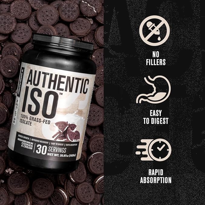 Jacked Factory Authentic ISO Grass Fed Whey Protein Isolate Powder - Low Carb, Non-GMO Muscle Building Protein w/No Fillers, Post Workout Recovery, Cookies & Cream