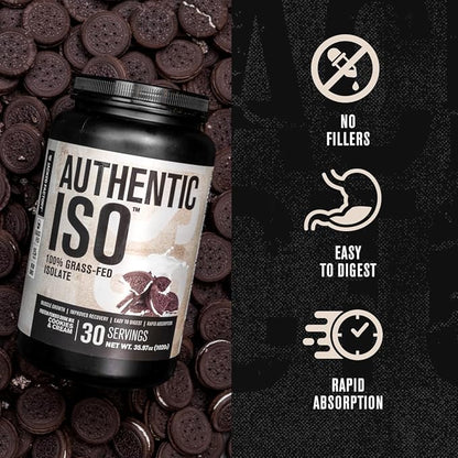 Jacked Factory Authentic ISO Grass Fed Whey Protein Isolate Powder - Low Carb, Non-GMO Muscle Building Protein w/No Fillers, Post Workout Recovery, Cookies & Cream