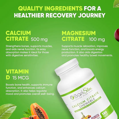 BariSlim Bariatric Calcium Citrate with Magnesium and Vitamin D Tabs - 500 mg of Calcium Citrate Per Serving - Formulated for Patients After Weight Loss Surgery | Tropical Punch (90 Servings)