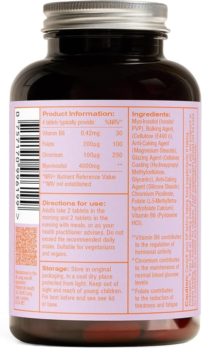 Myoplus - Inositol Supplement - 4000mg Myo Inositol, 200ug Folate & 100ug Chromium Daily Intake - Hormone Balance & Ovarian Support Vitamins for Women - 120 Vegan Tablets, 30 Days Supply