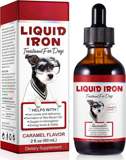 Liquid Iron Drops for Dogs, Liquid Iron Supplements for Dogs Supports Anemia, Promotes Blood Health, Improve Low Enery Levels and Lethargy - Pet Supplies Dog Vitamins - 60 ml/Caramel Flavor