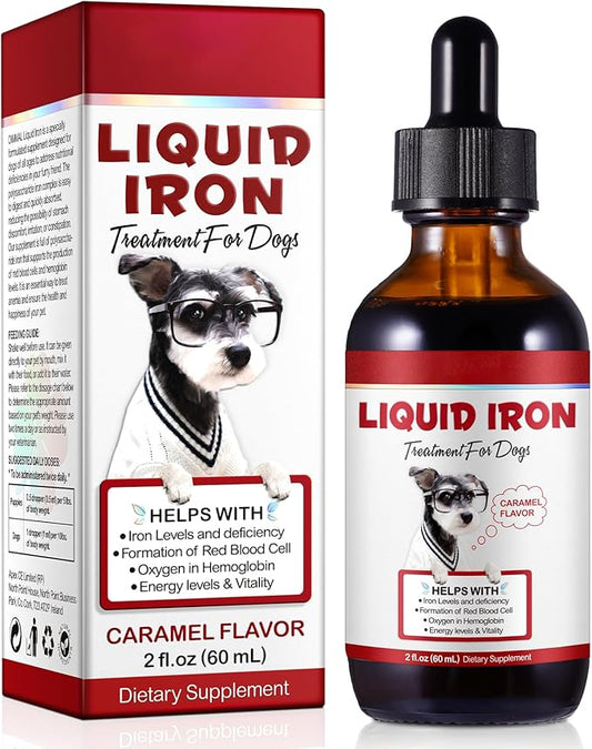 Liquid Iron Drops for Dogs, Liquid Iron Supplements for Dogs Supports Anemia, Promotes Blood Health, Improve Low Enery Levels and Lethargy - Pet Supplies Dog Vitamins - 60 ml/Caramel Flavor