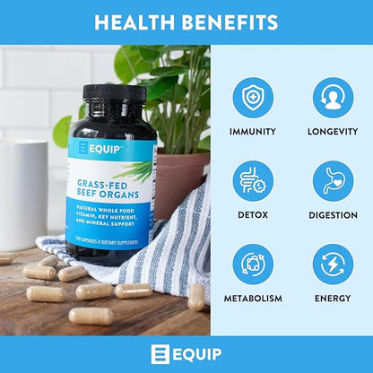 Equip Foods Grass-Fed Beef Organs | Grass Fed Beef Organ Supplement | Support Heart, Kidney & Spleen Health, Detox, Digestion & Metabolism | Antibiotic and GMO Free | 120 Capsules, 30 Servings