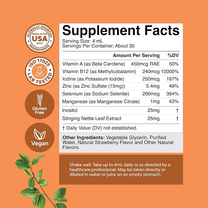 High Absorption Thyroid Support Supplement - Vegan Liquid Iodine Supplements for Thyroid Support for Women and Men with Myo-Inositol Selenium and Stinging Nettle for Enhanced Energy and Focus