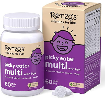 Renzo’s Picky Eater Kids Multivitamin with Iron - Dissolving Kids Vitamins with Vitamin D3 & K2 and More - 60 Sugar-Free Melty Tabs, Lil’ Green Apple Flavored