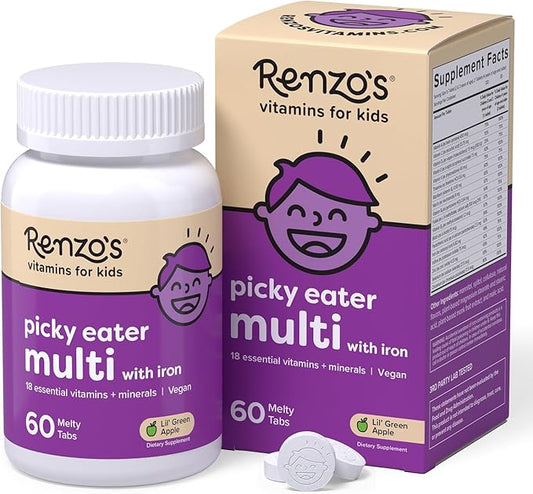 Renzo’s Picky Eater Kids Multivitamin with Iron - Dissolving Kids Vitamins with Vitamin D3 & K2 and More - 60 Sugar-Free Melty Tabs, Lil’ Green Apple Flavored