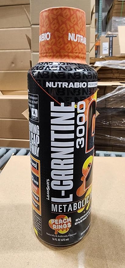 NutraBio – L-Carnitine Liquid Shots – 3000mg, (Peach Rings) – 10mg of Vitamin B-5 – Zero Carbs & Sugars – Energy Production – Muscle Recovery