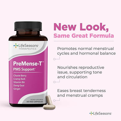 PreMense-T - PMS Relief Supplement - Ginger, Cramp Bark, Black Cohosh, Dong Quai, Chasteberry & Vitamin B6 - Supports Hormonal Imbalance, Bloating, Cramping & Breast Tenderness - 60 Capsules