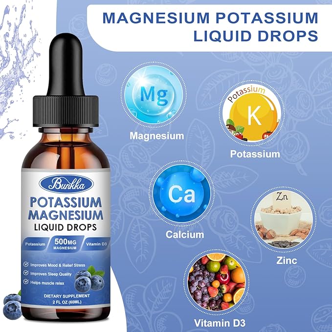 Potassium Magnesium Liquid Drops Supplement with Potassium 99mg, Magnesium 500mg,Calcium, Vitamin D3, Zinc, for Leg Cramps, Energy, Metabolism, for Adult and Kid,Sugar Free
