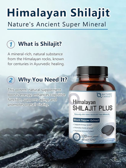 Shilajit, Pure Shilajit with 50% Naturally Occuring Fulvic Acid for Energy Boost, 85+ Trace Minerals, Shilajit for Men & Women, 500 MG Shilajit Capsules, 120 Capsules