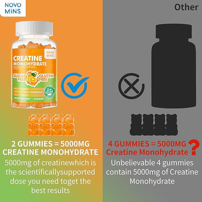 Creatine Monohydrate Gummies 5g for Men Women - Sugar Free Chewable Supplement. 180 Gummies Orange