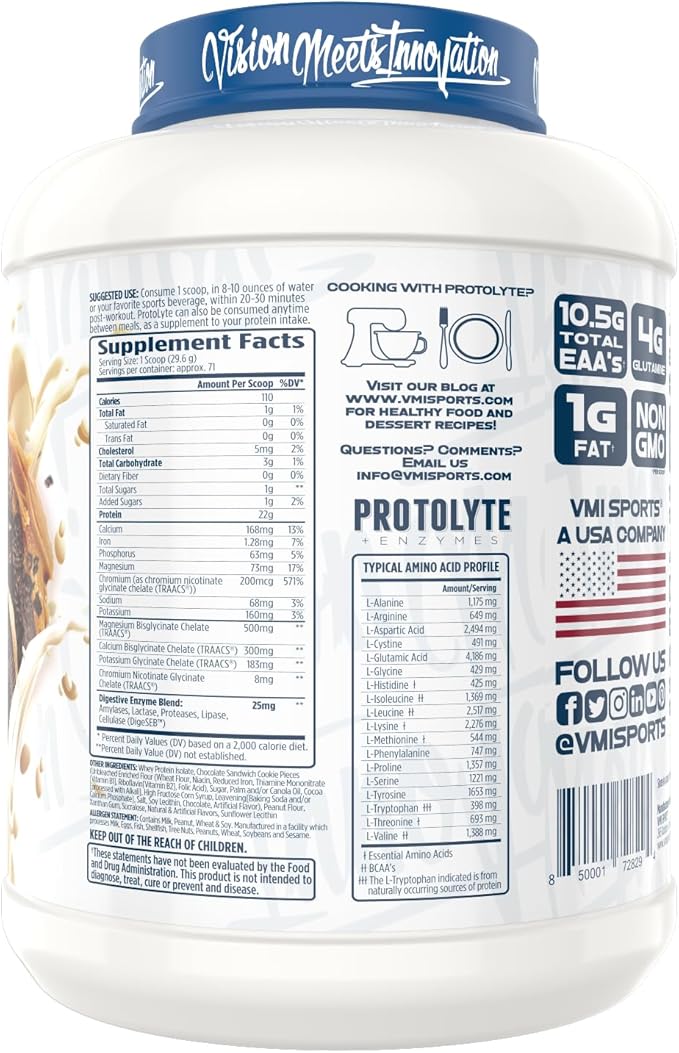 VMI Sports Protolyte 100% Whey Protein Isolate | + Electrolytes & Enzymes | Zero Sugar – Keto Friendly - Lactose Free | 21-25g Protein for Muscle Growth – Recovery – Hydration