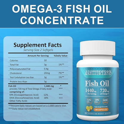 Fish-Oil Omega3-Fatty Acids-Supplement Small-Softgels - 180Count 1440mg for Healthy Heart Brain Eyes Support High EPA DHA Easy to Swallow