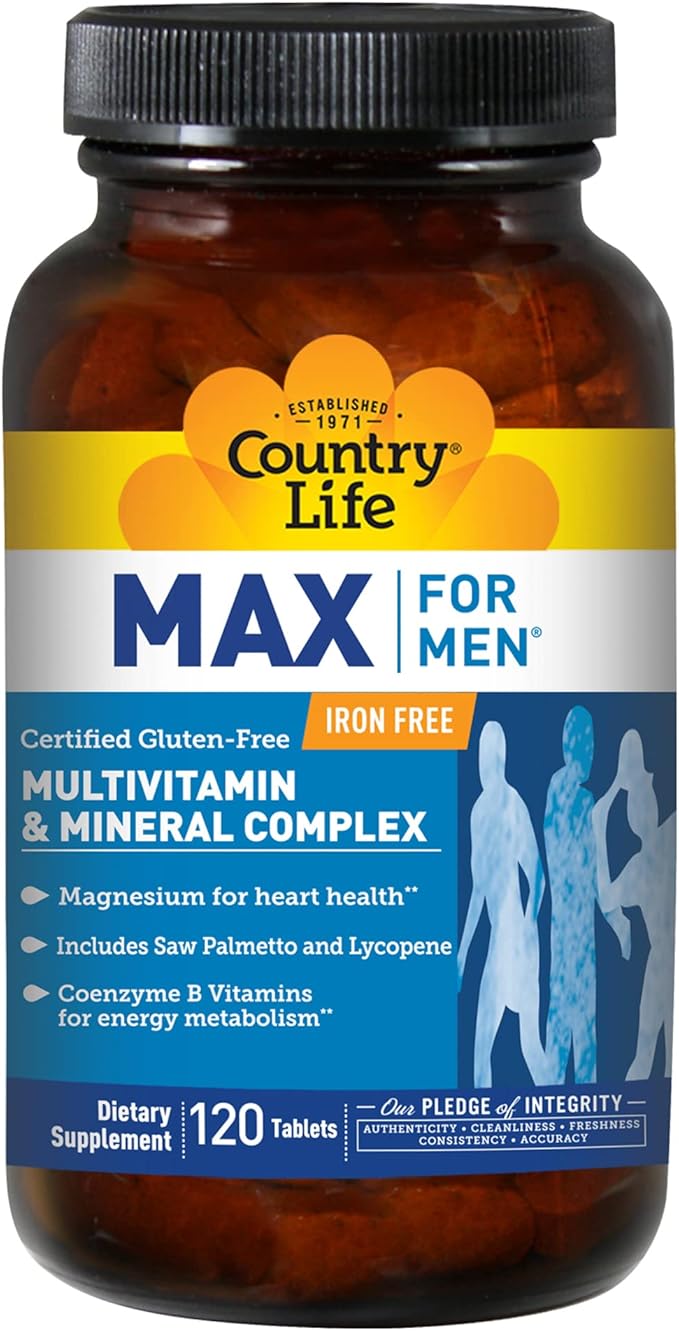 Country Life Max for Men Multivitamin: Iron-Free, Gluten Free,No Artificial Colors; B Vitamins, Magnesium, Saw Palmetto, Lycopene, Daily Support for Energy, Heart & Men's Health,120 Vegetarian Tablets