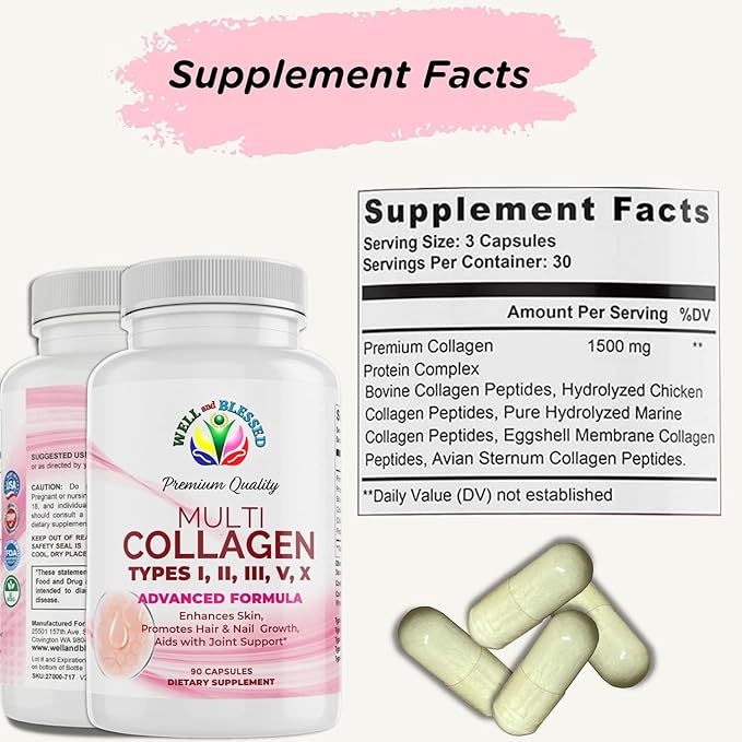 Multi Premium Collagen Supplements for Women with Vitamin C, E -Tighten Skin, Reduce Wrinkles, Strong Nails, Joints & Hair Growth - Anti Aging Skin Care Supplements for Women -90 Capsules