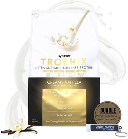 Syntrax Bundle: Trophix Undenatured Casein Protein Vanilla - Creamy Instant Mix Whey Protein & Egg White Protein Powder - 2 Pounds High Protein Powder and Worldwide Nutrition Keychain