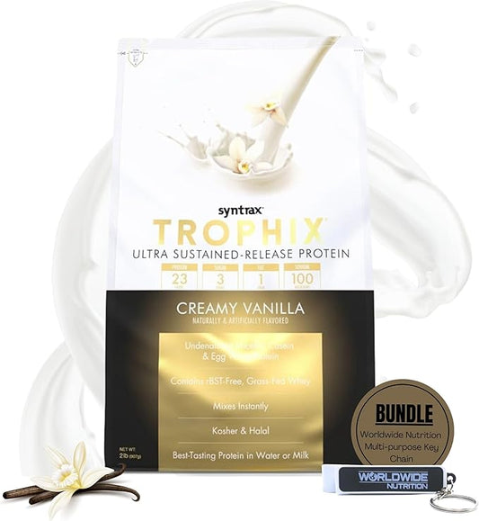Syntrax Bundle: Trophix Undenatured Casein Protein Vanilla - Creamy Instant Mix Whey Protein & Egg White Protein Powder - 2 Pounds High Protein Powder and Worldwide Nutrition Keychain