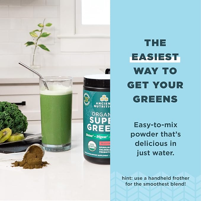 ANCIENT NUTRITION Organic SuperGreens Powder with Probiotics, Peppermint, Made from Real Fruits & Vegetables, Digestive & Energy Support, 25 Servings