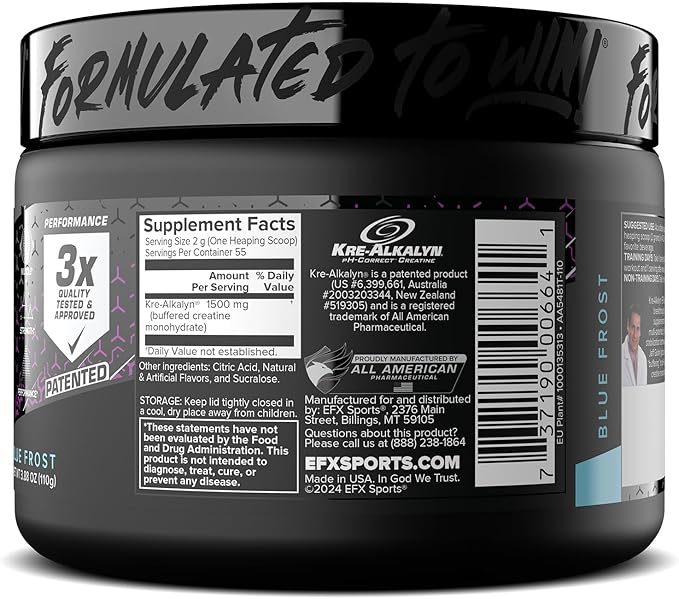 EFX Sports Kre-Alkalyn EFX Powder | pH Correct Creatine Monohydrate Powder Supplement | Strength, Muscle Growth & Performance | 55 Servings (Blue Frost)