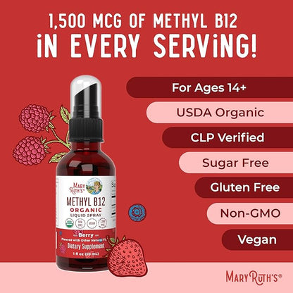 MaryRuth's Vitamin B12 Liquid Spray | Vegan, Non-GMO, Gluten-Free | USDA Organic B12 Vitamin Supplement | Energy & Nervous System Support | B12 Vitamins for Women & Men | VIT b12 1,500 mcg | 1 Fl Oz