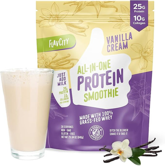 FlavCity Protein Powder Smoothie, Vanilla - 100% Grass-Fed Whey Protein Smoothie with Collagen (25g of Protein) - Gluten Free & No Added Sugars (29.84 oz)