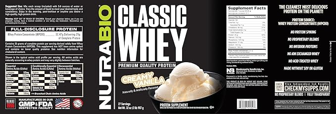 NutraBio Classic Whey Protein Powder- 25G of Protein Per Scoop - Full-Spectrum Amino Acid Profile - No Fillers, Artificial Colors, Preservatives - Low Glycemic Index - Creamy Vanilla, 2 Pounds