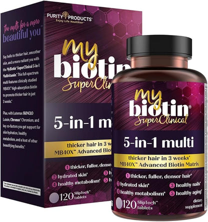 Purity Products MyBiotin SuperClinical New 5-in-1 Elite Multivitamin + MB40X Biotin Matrix Daily Multi - Thicker Hair Starting in 3 Weeks - 40X More Soluble vs Ordinary Hair Skin Nails - 120 Tabs
