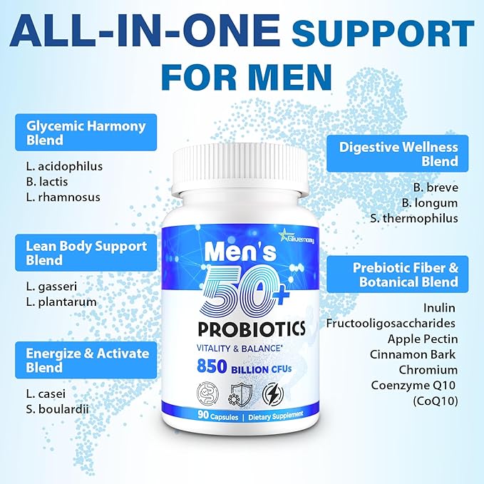 Probiotics for Men, Advanced 50+ Mens Probiotic, Comprehensive Gut & Energy Support with 850 Billion CFU, 1800mg Prebiotics Fiber – Tailored Wellness mens probiotics for gut health over 50, 990Capsule