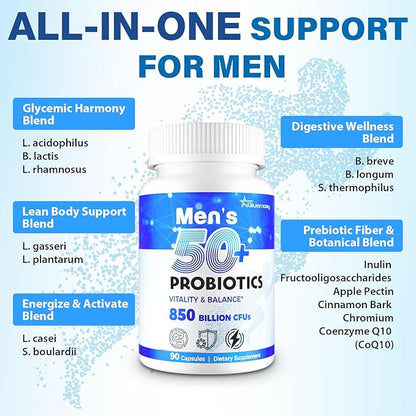 Probiotics for Men, Advanced 50+ Mens Probiotic, Comprehensive Gut & Energy Support with 850 Billion CFU, 1800mg Prebiotics Fiber – Tailored Wellness mens probiotics for gut health over 50, 990Capsule