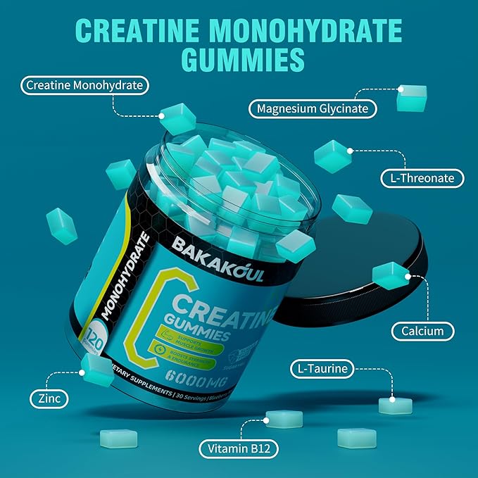Creatine Monohydrate Gummies 5g for Men & Women - 120 Sugar Free Gummies with Magnesium Glycinate, L-Threonate, L-Taurine + Vitamin B12 for Muscle Support, Energy Boost, (Blueberry Flavor)