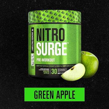 Jacked Factory NITROSURGE Pre Workout Supplement - Endless Energy, Instant Strength Gains, Clear Focus, Intense Pumps - NO Booster & Powerful Preworkout Energy Powder - 30 Servings, Green Apple