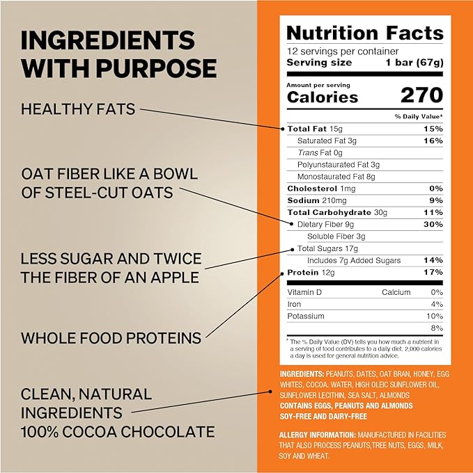 Obi Bar - Natural Protein and Fiber Bar | Snack or Meal Replacement | Heart Healthy Oat Fiber | Large Almond Chunks | Soy Free, Dairy Free | 2.4 oz bars, 12 Pack (Peanut Butter Chocolate Chip)