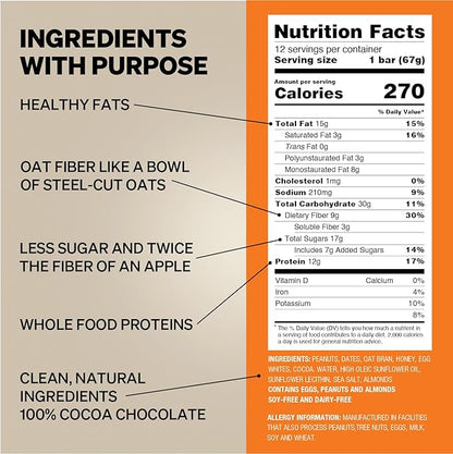 Obi Bar - Natural Protein and Fiber Bar | Snack or Meal Replacement | Heart Healthy Oat Fiber | Large Almond Chunks | Soy Free, Dairy Free | 2.4 oz bars, 12 Pack (Peanut Butter Chocolate Chip)