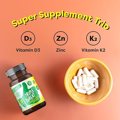 FlavCity Vitamin D Supplement, Triple Threat - 3-in-1 Dietary Supplement for Immune Support - Made with Vitamin D3, Zinc & Vitamin K2 for Maximum Absorption - 30 Capsules