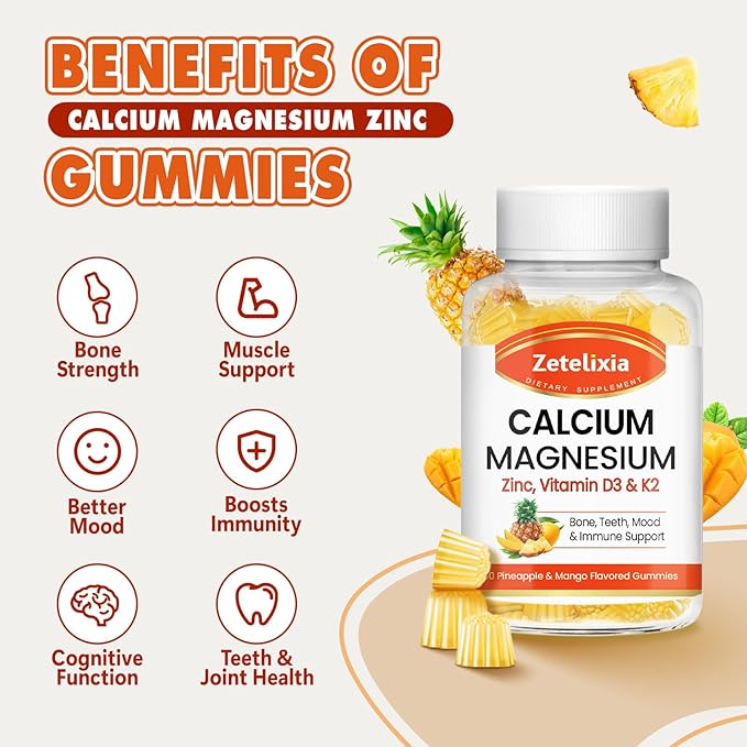 Calcium Gummies for Women Men, Calcium Magnesium Zinc with Vitamin D3 & K2, Calcium Magnesium Supplement for Bones Muscles and Joints, Pineapple & Mango Flavor - 120 Count